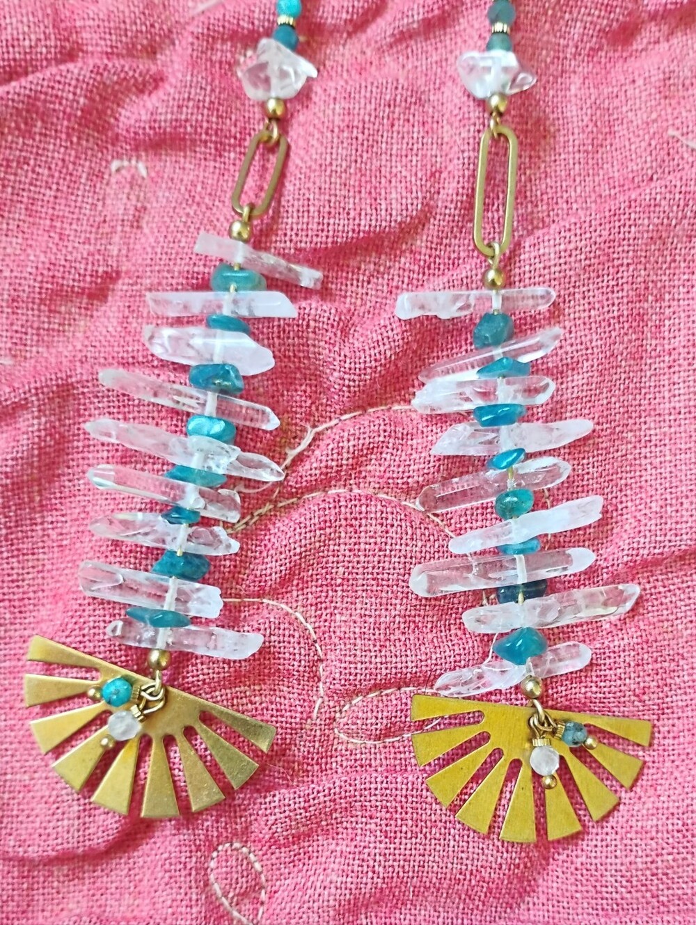 XXL Handmade Quartz and Blue Apatite'Fan' Earrings - Picture 3 of 4
